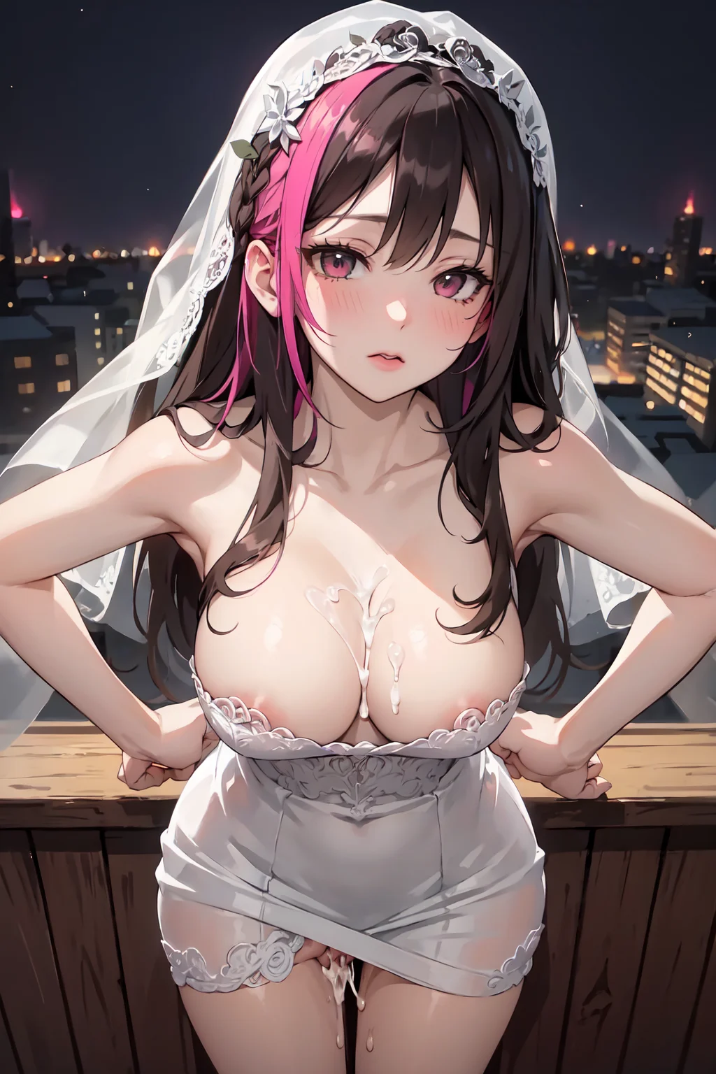 Girls, wearing Wedding dress, bridal veil, veil on hair, naked, Long black hair, perfect face, long hair, beautiful, winter, touched_face, night city ââbackground, rooftop, boyfriend and girlfriend, standing, having sex, sex from behind, Upstanding Citizen, cum on breasts, pussy in dick, cum on vagina", phlg, black hair, pink highlight, no bra, <lora:EMS-63140-EMS:0.800000>