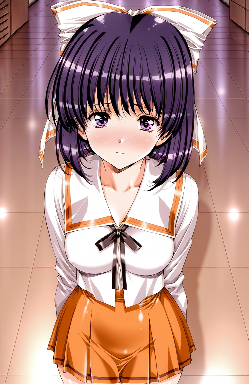 masterpiece, best quality, good quality, <lora:Takahashi_Mizuho_IS:1> Takahashi_Mizuho, short hair, purple hair, purple eyes, bangs, hair bow, purple hair,shiny hair, 
medium breasts, school uniform, orange skirt, full-face blush, sad, flooring room, looking at viewer, cowboy_Shot,
Show less