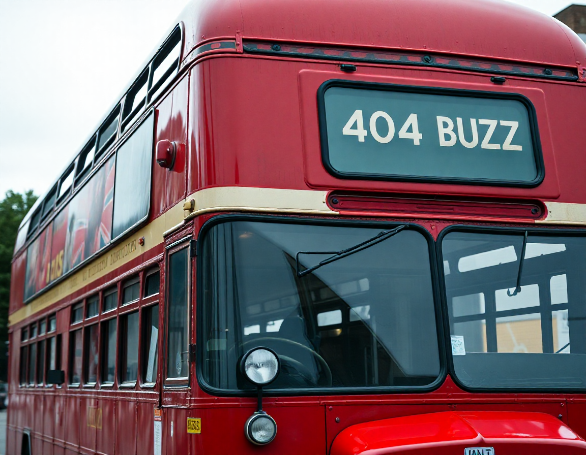 realistic photo, red british bus, sign on bus says "404 BUZZ", detailed