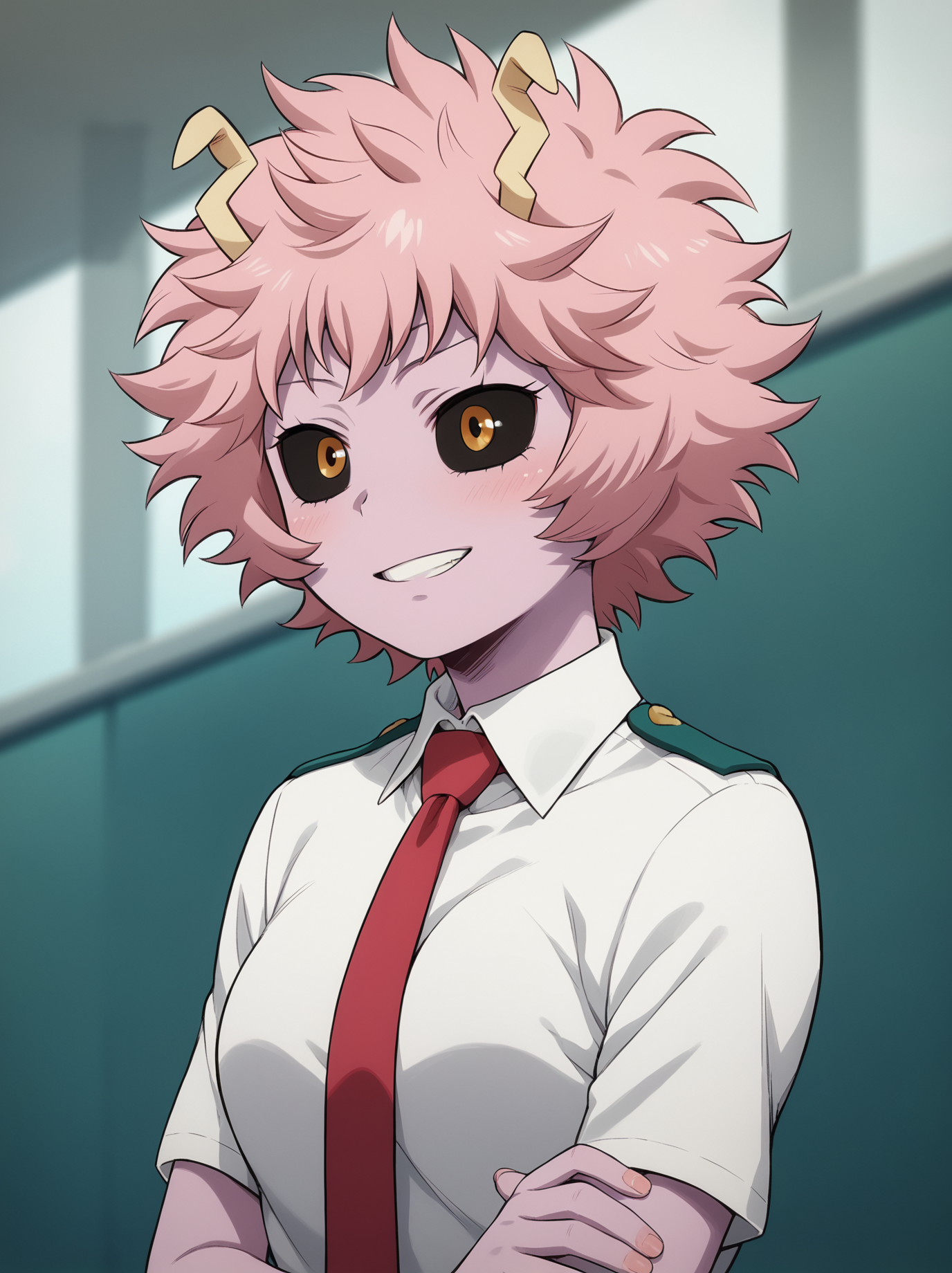 <lora:MinaAshidoPonyV2:1>, minaashido, 1girl, white shirt, necktie, score_9, score_8_up, score_7_up