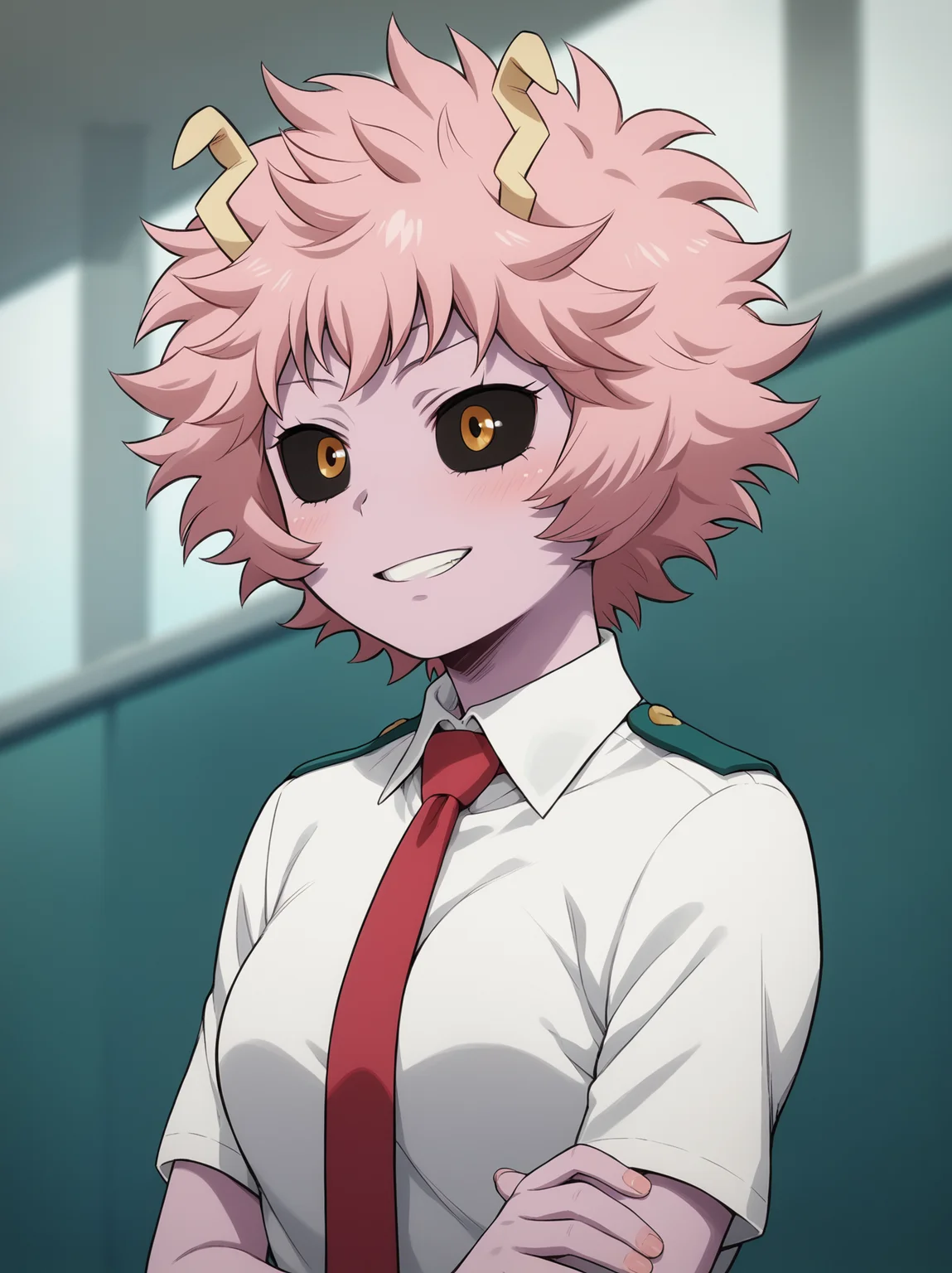<lora:MinaAshidoPonyV2:1>, minaashido, 1girl, white shirt, necktie, score_9, score_8_up, score_7_up