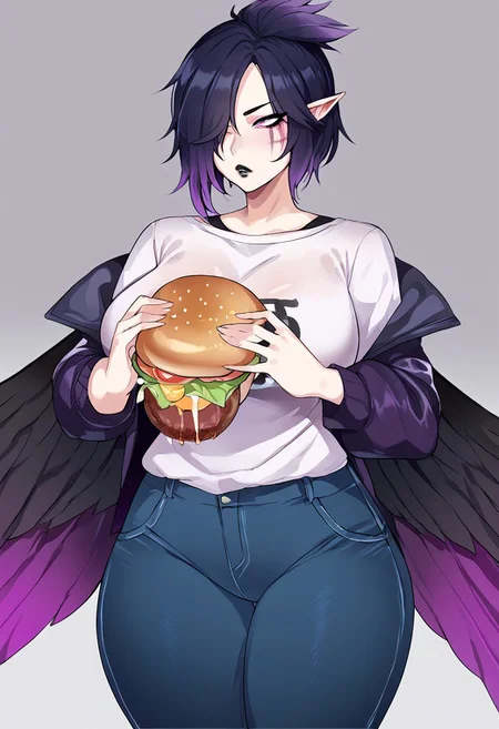 score_9, score_8_up, score_7_up, rating_questionable, source_anime,, League of Legends, large breasts, breasts female, female only, clothed, thick thighs, wide hips, big ass, milf, oversized shirt,jacket, jeans, dark purple hair, hair over one eye, short hair, purple eyes, pointy ears, grey skin, black lips, wings, feathered wings, black wings, feathers, eating burger