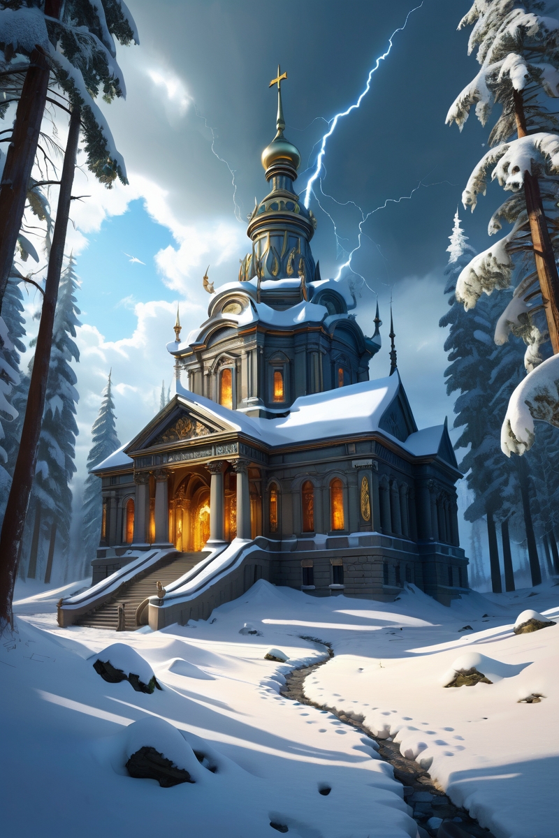 snow-covered winter forest with snowdrifts, lightning-strike temples where glassified sand murals depict thunder gods, the grounds maintained by electroplated beetle flocks, cinematic view, epic sky, detailed, concept art, low angle, high detail, warm lighting, volumetric, godrays, vivid, beautiful, trending on artstation, by jordan grimmer, huge scene, grass, art greg rutkowski,
 <lora:detailed_notrigger:0.7>, <lora:add-detail-xl:0.3>, oil painting art style from Renaissance period, masterful composition, Renaissance mood, renaissance oil painting, brush strokes, Baroque art style, dynamic composition, dramatic lighting, rich colors, intricate details, professional-grade execution, captures the grandeur and theatricality of the Baroque period