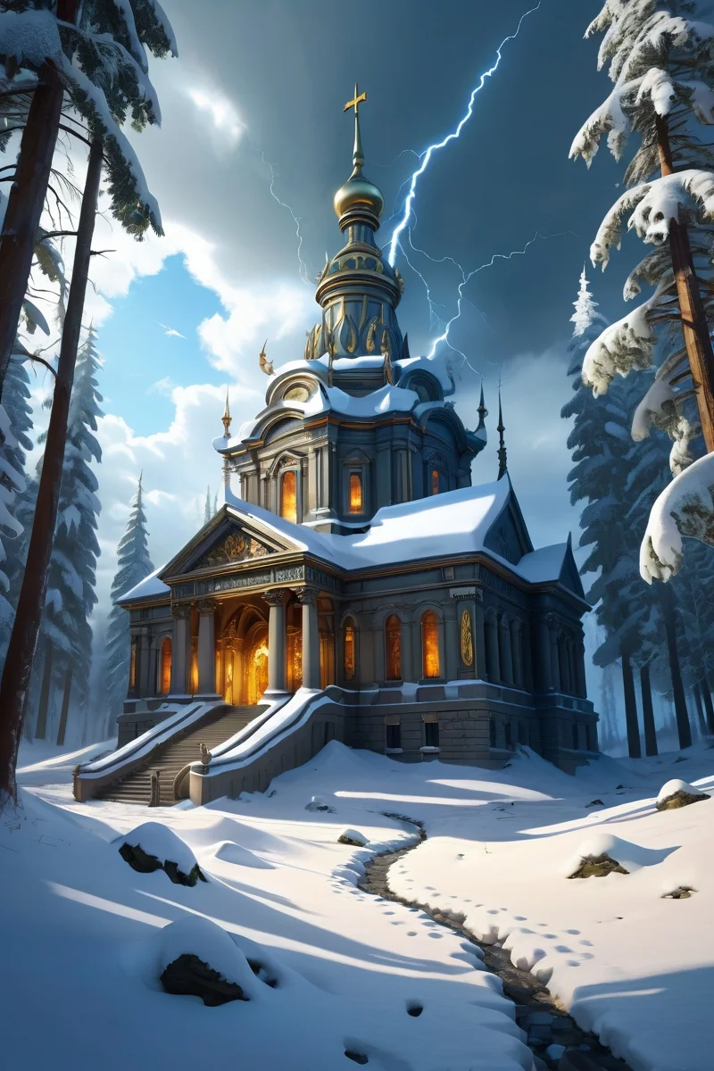 snow-covered winter forest with snowdrifts, lightning-strike temples where glassified sand murals depict thunder gods, the grounds maintained by electroplated beetle flocks, cinematic view, epic sky, detailed, concept art, low angle, high detail, warm lighting, volumetric, godrays, vivid, beautiful, trending on artstation, by jordan grimmer, huge scene, grass, art greg rutkowski,
<lora:detailed_notrigger:0.7>, <lora:add-detail-xl:0.3>, oil painting art style from Renaissance period, masterful composition, Renaissance mood, renaissance oil painting, brush strokes, Baroque art style, dynamic composition, dramatic lighting, rich colors, intricate details, professional-grade execution, captures the grandeur and theatricality of the Baroque period
