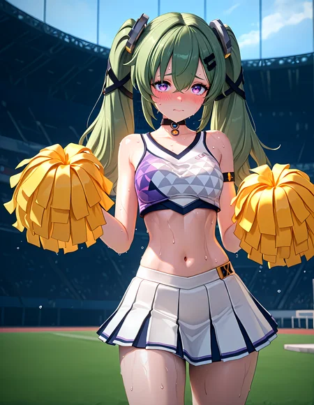 masterpiece, best quality, newest, highres, absurdres, <lora:Z_Style:1>,3d,corin wickes, 1girl, solo, outdoors, stadium, cowboy shot, standing, looking at viewer, shy, embarrassed, blush, corin, purple eyes, green hair, long hair, twintails, hair ornament, choker, cheerleader, crop top, miniskirt, bare shoulders, white skirt, standing, holding pom poms, pom pom \(cheerleading\), sweat,detailed background,dim_lighting