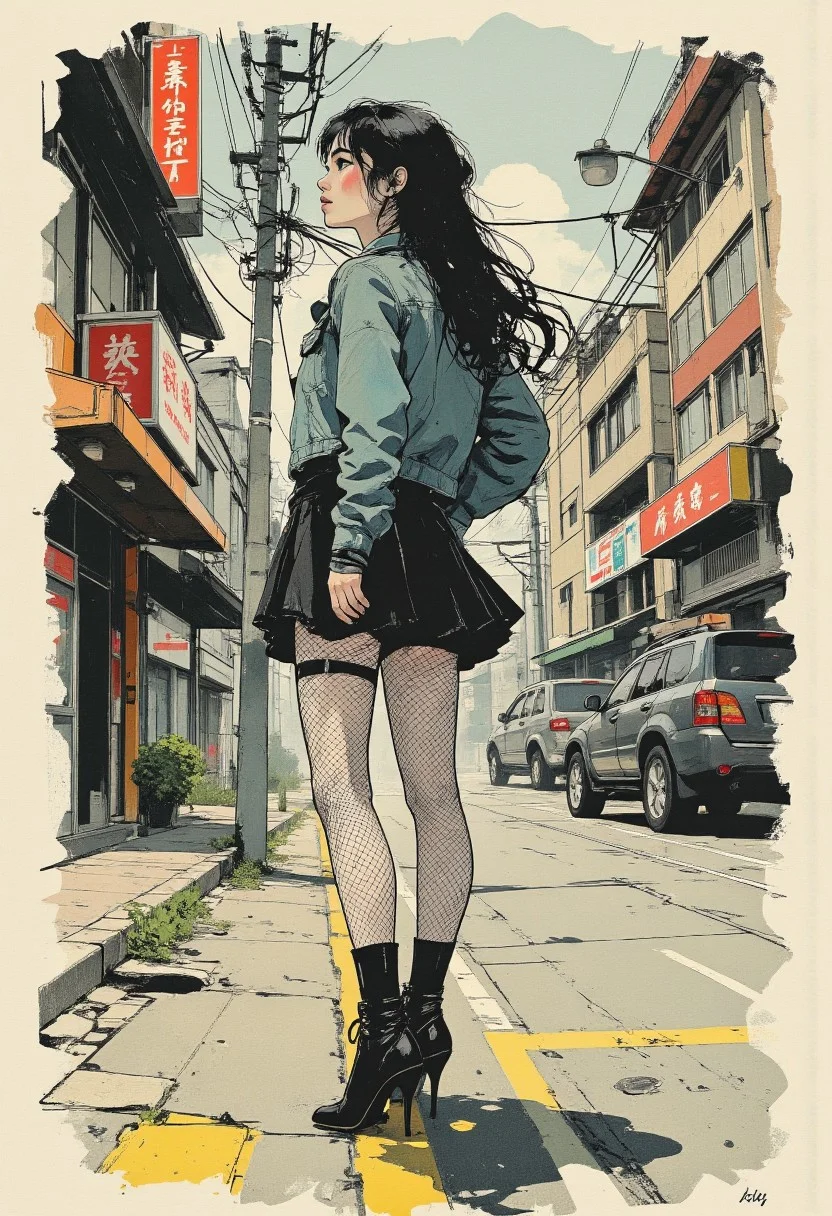 colored sketch in the style of ck-ccd, young Asian woman in a denim jacket, short black ruffled lace skirt, fishnet tights, black high heel boots, standing on Tokyo street corner, long loose hair, outdoors