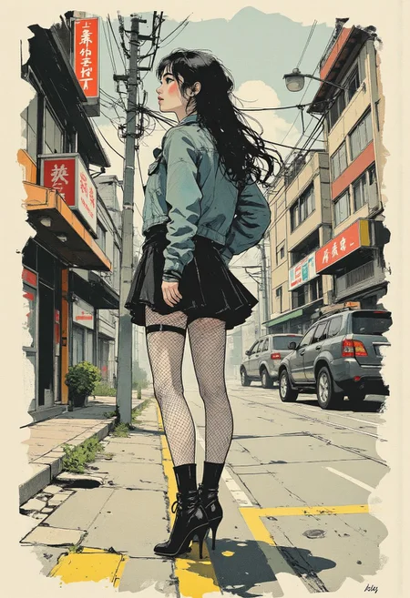 colored sketch in the style of ck-ccd, young Asian woman in a denim jacket, short black ruffled lace skirt, fishnet tights, black high heel boots, standing on Tokyo street corner, long loose hair, outdoors