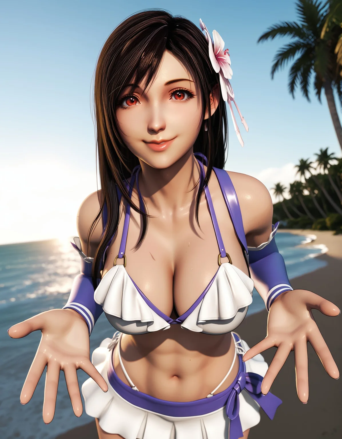 score_9, score_8_up, score_7_up, 1girl, solo, long hair, breasts, looking at viewer, smile, skirt, large breasts, brown hair, hair ornament, red eyes, navel, cleavage, brown eyes, swimsuit, flower, bikini, outdoors, midriff, hair flower, tree, lips, ocean, beach, sunset, palm tree, bikini skirt, tifa lockhart, realistic, detailed face, detailed background, 3D, ayn0_st, <lora:f1bb8ec3-6b42-4b82-abc4-a620fe514548:0.8>