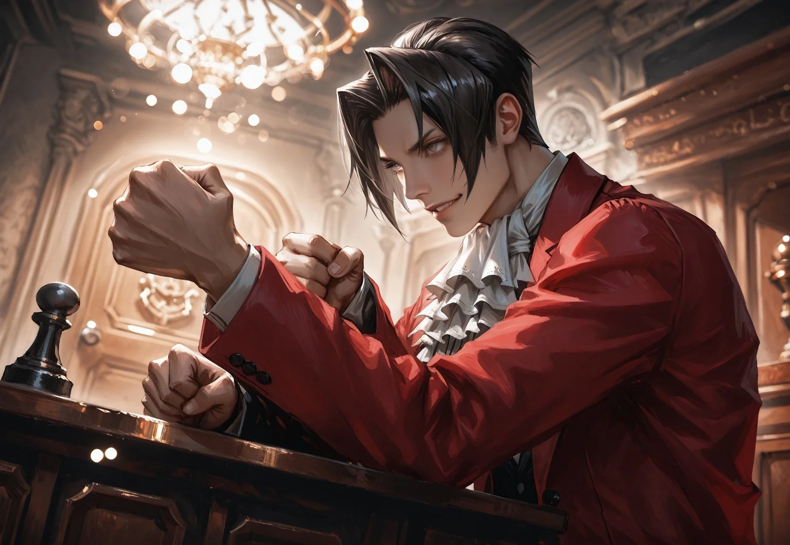 c0rtr00m,indoors, formal, courtroom, 1boy,male focus,Miles Edgeworth,tall,parted bangs,((one arm down))one empty hand,hand on counter,courtroom,indoor,outstretched arm,((clenched fists,fist on counter,fists on counter,one hand down)),dark hair,swept back hair,,ascot,red jacket,detailed face,dramatic,dramatic stance,dynamic pose,side view,high angle poseintense atmosphere, detailed clothing, dramatic lighting,stylish,((perfect eyes,dark eyes,grey eyes,))hand focus,from below angle,prideful,smug smirk,smartass,,dominant,profile,scowl,,expressive,cinematic,indoors,imponent ,detailed eyes,perfect eyes,, cinematic,dutch angle,bokeh,depth of view, young,handsome,cute,handsome,young,cruel smile,smirk,detailed face,bending,bending arm,leaning down,slighly annoyed,serious expression,cold gaze,cold stare,teeth