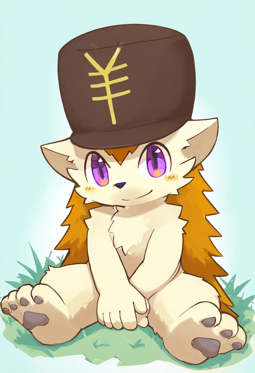 furry, kemono, hedgehog, cute, zPDXL2, zPDXLpg, zPDXL, hat with yen sign, male, smile, solo, purple eyes, look at viewer, no clothes, no underwear, nude, naked, sit on grass