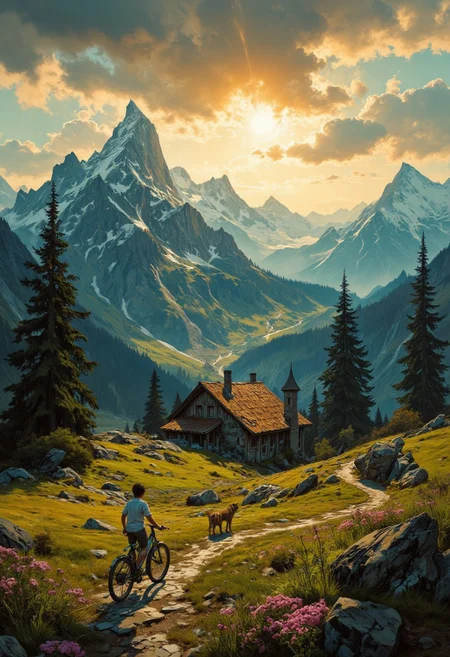 8k high quality digital painting , masterpiece, very detailed, ultra realistic, (best quality) very detailed epic masterpiece,
unearthly beautiful, a breathtakingly beautiful landscape in the French Alps, in the foreground a little boy pushes a bicycle on a path to a small mountain hut, a dog follows him, the low yellow-red sun casts long shadows, enchanting landscape, fairytale-like, calm mood, flowers in the foreground, realistic