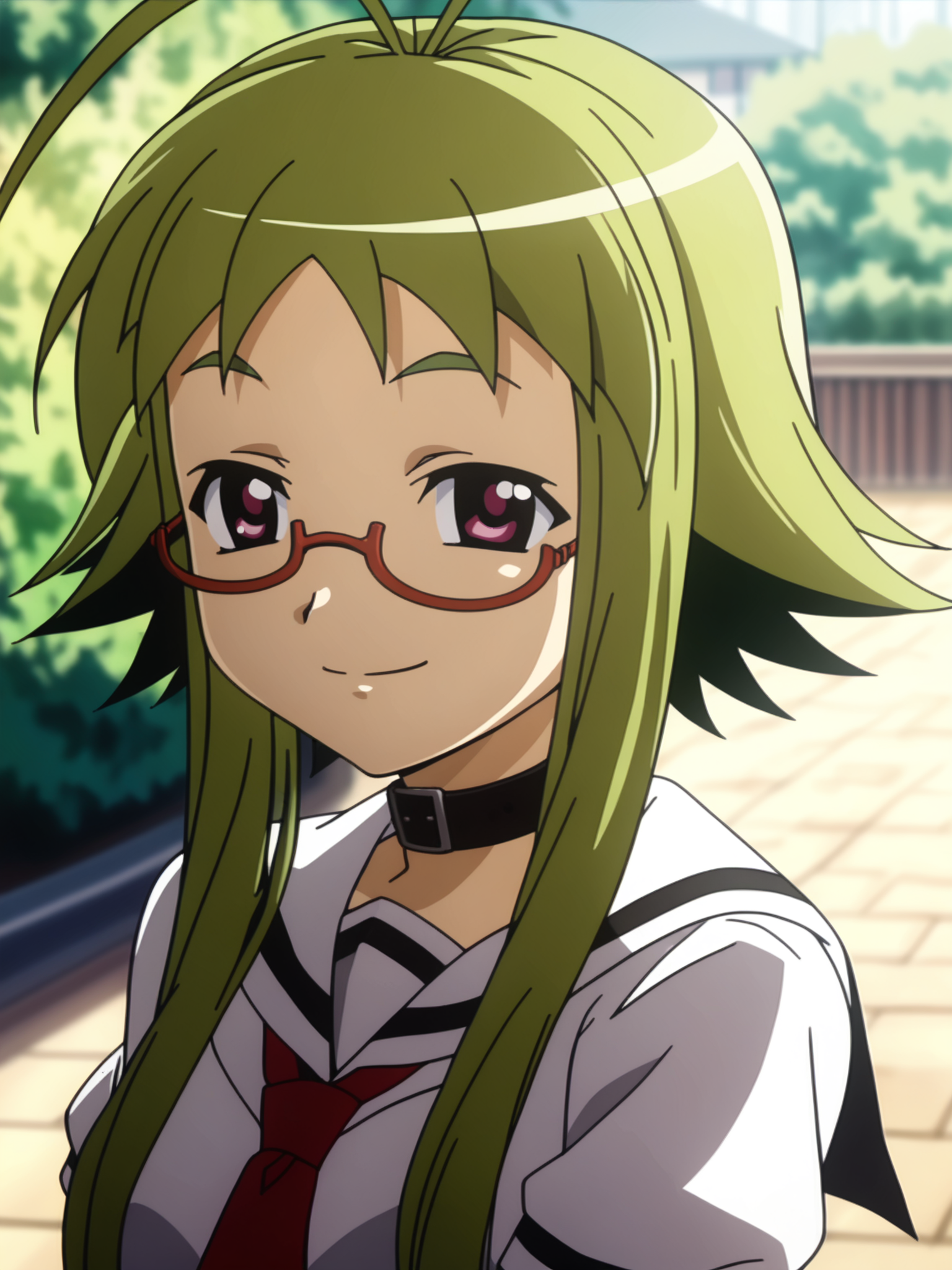 <lora:happy_tentacle-ikachihaya-v0.2-000010:1>, ht_ikachihaya, glasses, collar, antenna hair, school uniform, white shirt, black sleeves, short sleeves, serafuku, necktie, red tie crazy smile, outdoors (close-up:0.7), 1girl, (petite:1.2), solo focus, (looking at viewer:1.1), backlighting, (depth of field:0.8), , score_9, score_8_up, score_7_up, score_6_up, score_5_up, score_4_up,