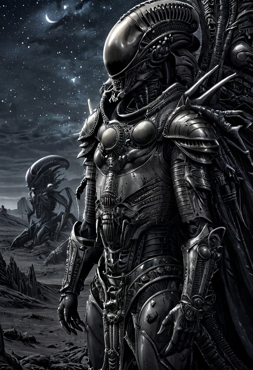 An insanely Detailed Divine Xenomorph, Golden and silver in color, a crimson tinge to the golden color, Hyperdetailed, Omnipresent, Beautiful, Sinister overtones, otherworldly,((masterpiece, best quality)), fantasy, solo, 1 alien knight, silver armor chestplate with silver medieval ornaments and runes, galactic night sky background, perfect composition, sidelighting, outdoor, in a duster standing alone in the desert, art by hr giger,