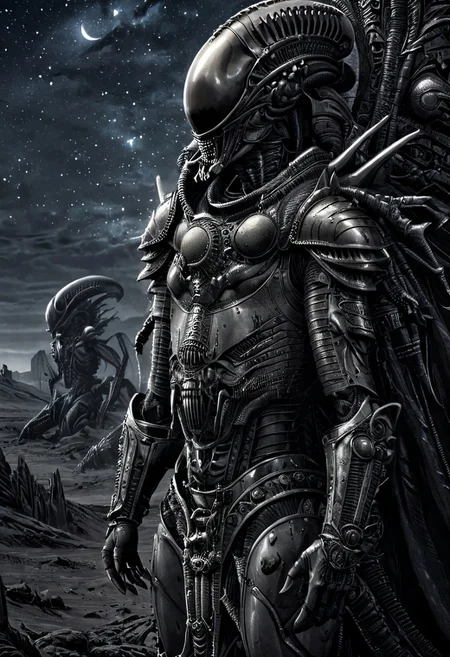 An insanely Detailed Divine Xenomorph, Golden and silver in color, a crimson tinge to the golden color, Hyperdetailed, Omnipresent, Beautiful, Sinister overtones, otherworldly,((masterpiece, best quality)), fantasy, solo, 1 alien knight, silver armor chestplate with silver medieval ornaments and runes, galactic night sky background, perfect composition, sidelighting, outdoor, in a duster standing alone in the desert, art by hr giger,