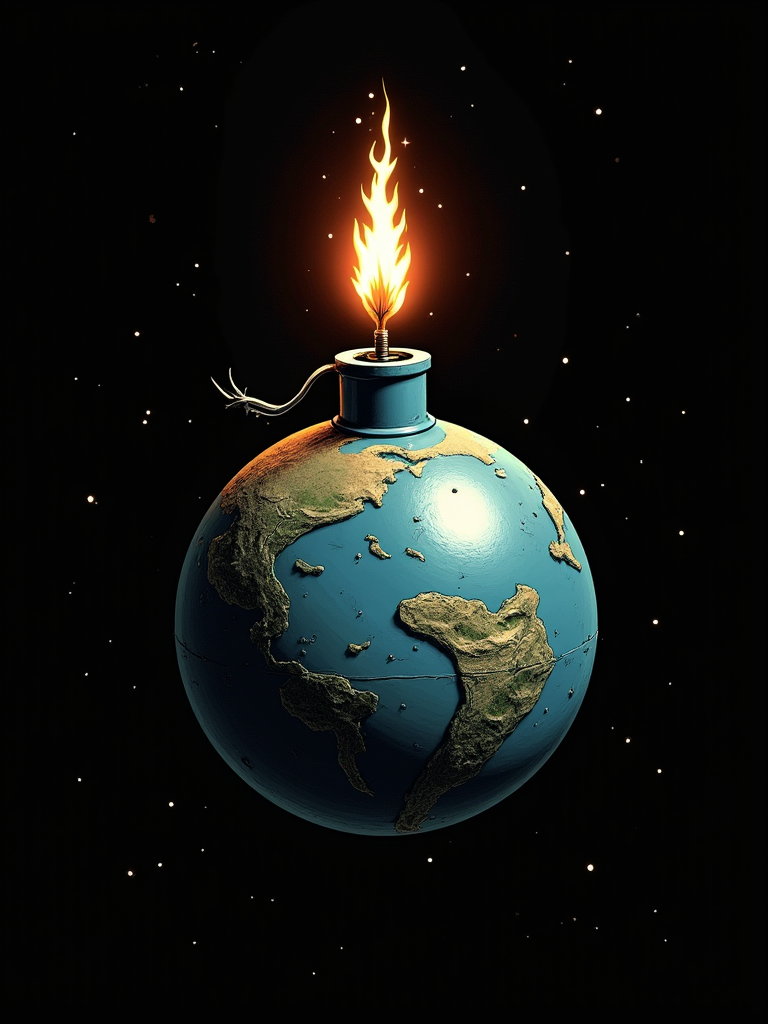 an illustration the planet Earth as a sphere-shaped bomb, tilted slightly, with a lit wick sticking out from the top. The background is black with stars. 1NK3D63-M0N-C0M