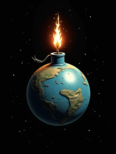 an illustration the planet Earth as a sphere-shaped bomb, tilted slightly, with a lit wick sticking out from the top. The background is black with stars. 1NK3D63-M0N-C0M