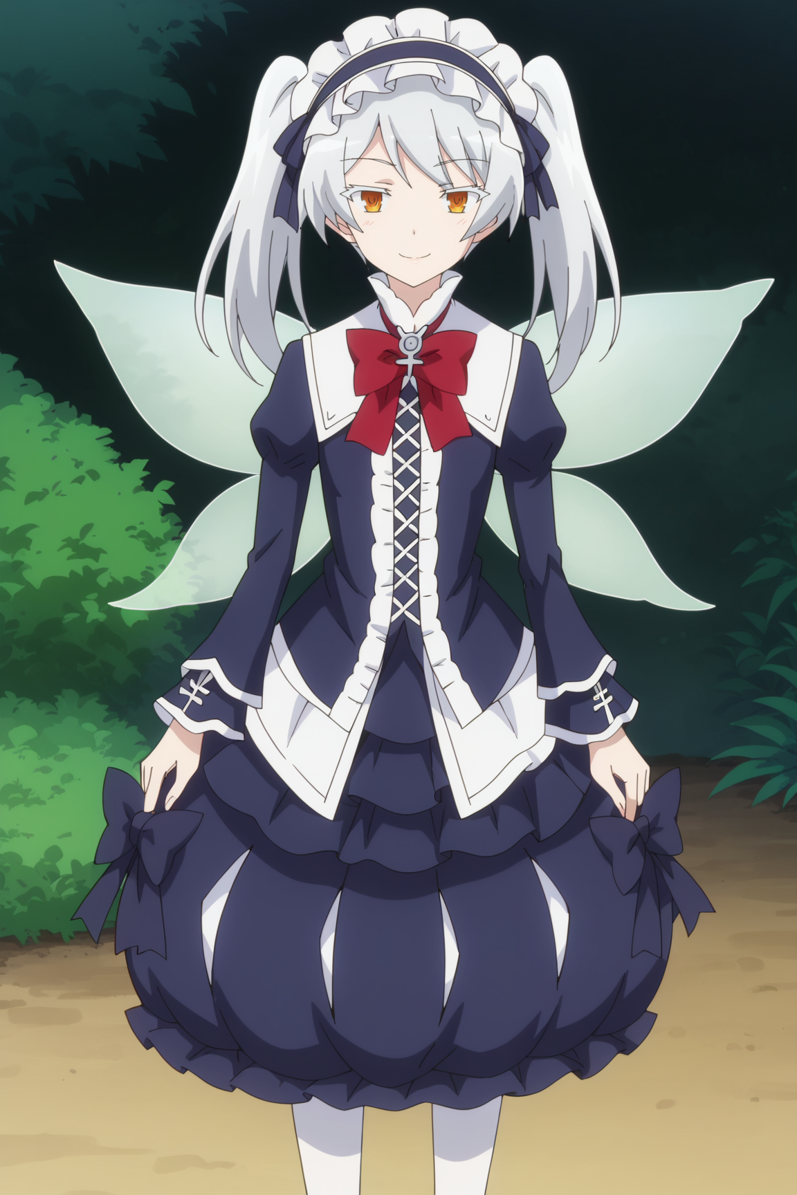 score_9, score_8_up, score_7_up, source anime, prefect lighting, very aesthetic, BREAK, anime screencap, anime coloring,
<lora:leen_isekai_smartphone-v2_pdv6:1>, 1girl, leen_\(isekai_wa_smartphone_to_tomo_ni.\), orange eyes, white hair, long hair, twintails, small breasts,
leenout, dress, bow, ribbon, white pantyhose, frilled hairband, mary_janes, fairy wings, 
BREAK, looking at viewer, light smile,