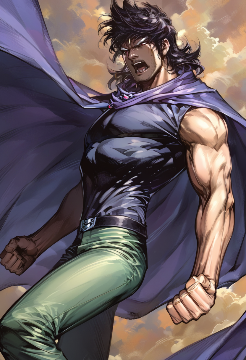 (score_9:0.9),score_8_up,score_7_up,rating_safe,anime style,(zPDXL),<lora:Dark Evil Beast ponyXL v1.5:0.87>,  Dark Evil Beast, 1boy, cape, male focus, clenched hands, open mouth, purple cape, cloud, pants, sleeveless, belt