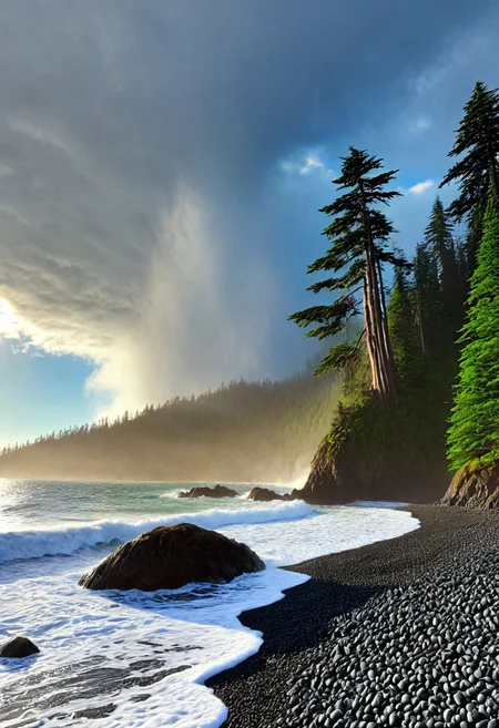 a photograph of a beach on the Pacific northwest coast, rocky pebble beach, a large looming evergreen cedar Forrest looming, the ocean is vibrant and crashing, deep vivid blues and greens, the sky is grey and clouds are heavy the sun is radiating however cutting through a break in the thick looming storm clouds, epic, realism, photo-realism, highest quailty, highest detail, professional, landscape, nature