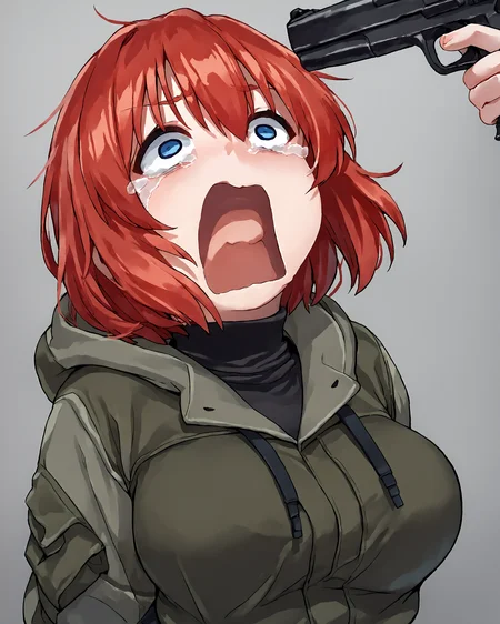 score_9, score_8_up, score_7_up, score_6_up, score_5_up, score_4_up, source_anime, BREAK, <lora:Ayesha_Drachev_v0.22:1> 1girl, solo, Ayesha, red hair, short hair, blue eyes, large breasts, olive hoodie jacket, black turtleneck, hands behind back, <lora:Fonglets_PointingGun_Pony_XL:0.8>, <lora:concept_aquascreaming_ponyXL:1>, pointing_gun, aquascreaming, screaming, open mouth, crying with eyes open,