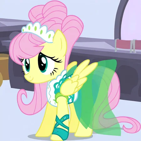 fluttershy, solo, smile, 1girl, pointy ears, looking at viewer, yellow body, pink hair, long hair, white tiara, tiara, maid, maid headdress, green shoes, style parody, parody, wings, mare, pony, full body, green dress, my little pony, ballet slippers, transparent background, teal eyes, blue eyes, hair bun, no humans, yellow skin, front bangs, pegasus, female