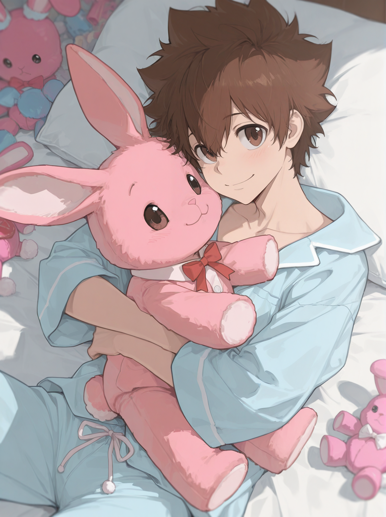 very awa,masterpiece,best quality,absurdres,newest,perfect quality,
1boy,solo,male focus,handsome,tsuna,brown hair,brown eyes,looking at viewer,smile,rabbit toy,hug a toy,
collarbone,sleepwear,lying on bed,<lora:tsuna01:1>,
<lora:USNR_STYLE_ILL_V1_lokr3:1>,