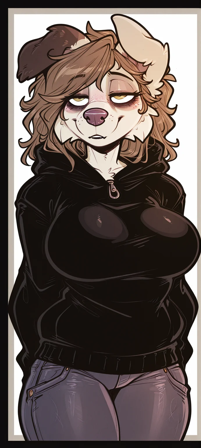 1girl, furry, border collie, dimmi, freckles, brown hair, half-closed eyes, bags under eyes, big breasts, black hoodie, jeans, masterpiece, best quality, amazing quality, <lora:E621_Ultimate_Favorites_Mix_Illustrious:1> <lora:Dimmi_Dimwitdog_LoRA_for_Illustrious:1>