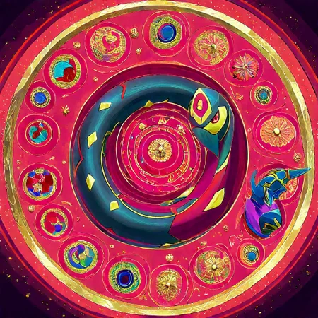 colored Mandala style, medium stylized pattern, (deep_purple, black, red, gold),Seviper, serpentine, vertical_figure_eight_pattern, intricate_design, symmetrical, traditional_mandala, (glowing_golden_elements), luminous, mystical, highly_detailed, geometric_patterns, harmonious_composition, masterpiece, balanced, precise, artistic, reverence