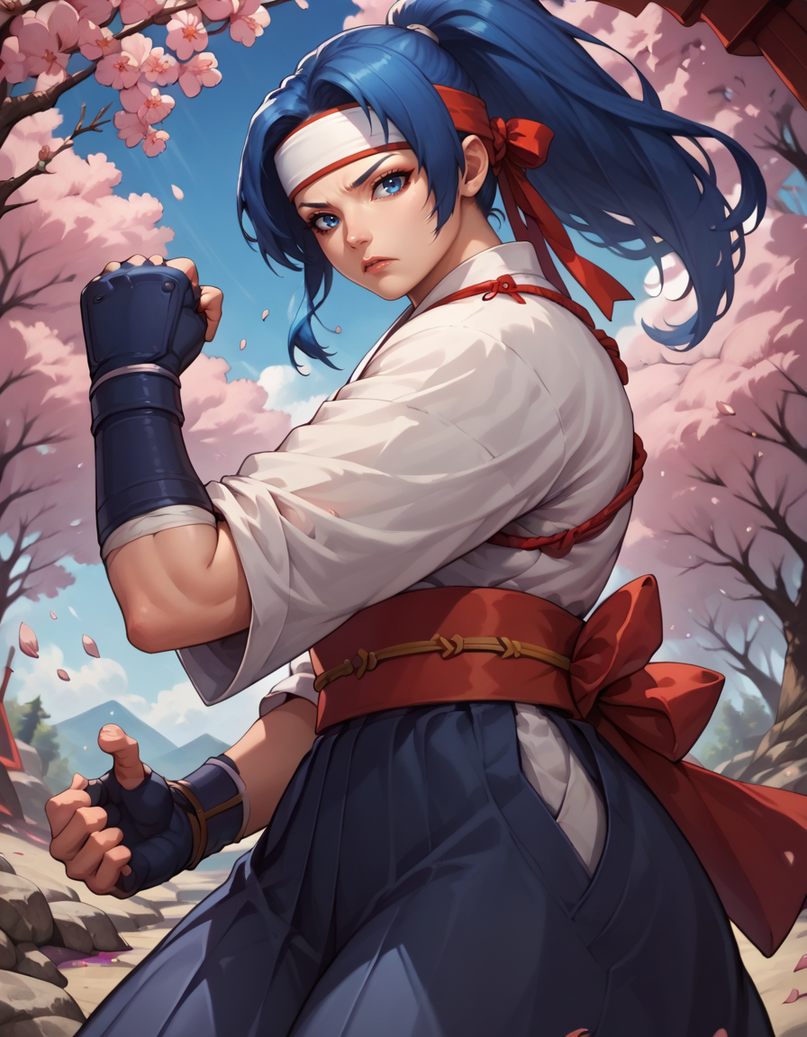 score_9, score_8_up, score_7_up,
1girl, solo,
large breasts,
kasumidg,
blue hair, ponytail, blue eyes,
blue hakama, dougi, headband, fingerless gloves, japanese clothes,
fighting stance, clenched hands, 
cherry blossoms, forest,
from below, looking at viewer, 
 <lora:Kasumi  DG PXL v01-000002:0.90>
