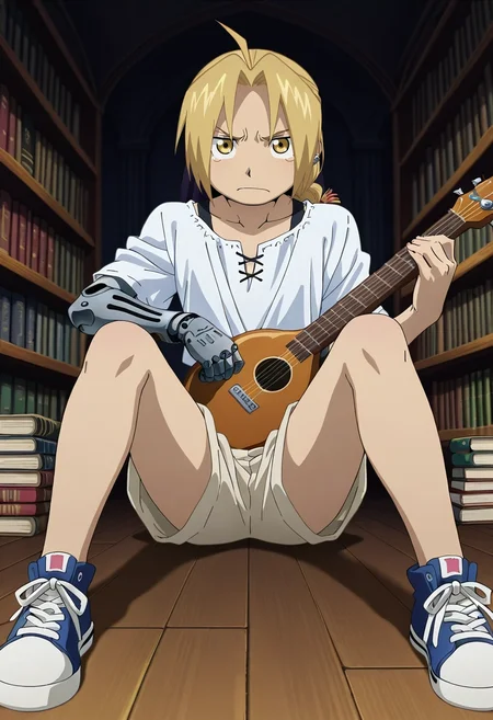 masterpiece, best quality, , anime screencap, anime coloring, , looking at viewer, 1boy, solo, male focus, <lora:edward_elric_ilxl:0.96>, edward_elric, blonde hair, yellow eyes, , single mechanical arm, symmetry, library, books, dark, holding instrument, tearing up, Linen-cotton shorts, Ruffled Thermal shirt, High-top sneakers, Tophat with a veil, Ear cuff and and