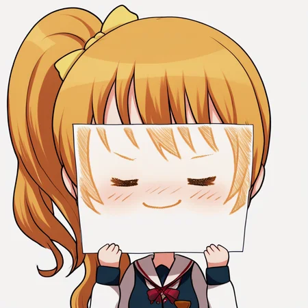 score_9, score_8_up, score_7_up, <lora:PaperLikeFacePony:0.8>
PaperLikeFace, 1girl, solo, long hair with side ponytail and twintails, blush, wearing a striped school uniform with long sleeves past wrists, simple white background, chibi, upper body, holding a yellow bow, closed eyes with a smug expression, :d,