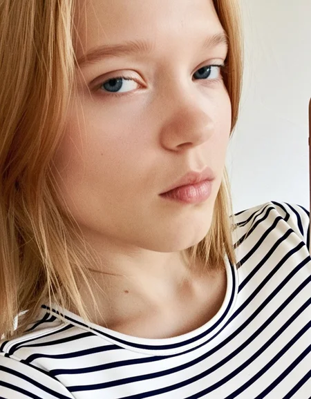 score_9, 1girl, solo, lea seydoux,  stripped shirt, face focus, selfie, iphone 12  <lora:dmd2_sdxl_4step_lora_fp16:1> <lora:leaseydoux-bl16:1>