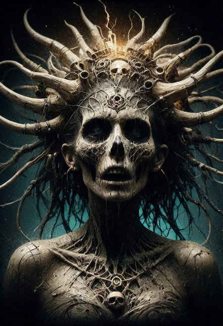 surreal and expressive Ink splatter , Dystopian Occult spirit , Pagan folk , Animal Skull , Goddess , female creature , highly detailed clothes , highly detailed background ,cosmic horror art style, Beautiful Lighting, U-V Reactive colors Photorealistic, Hyper-Detailed, highly detailed jewellery made of bone