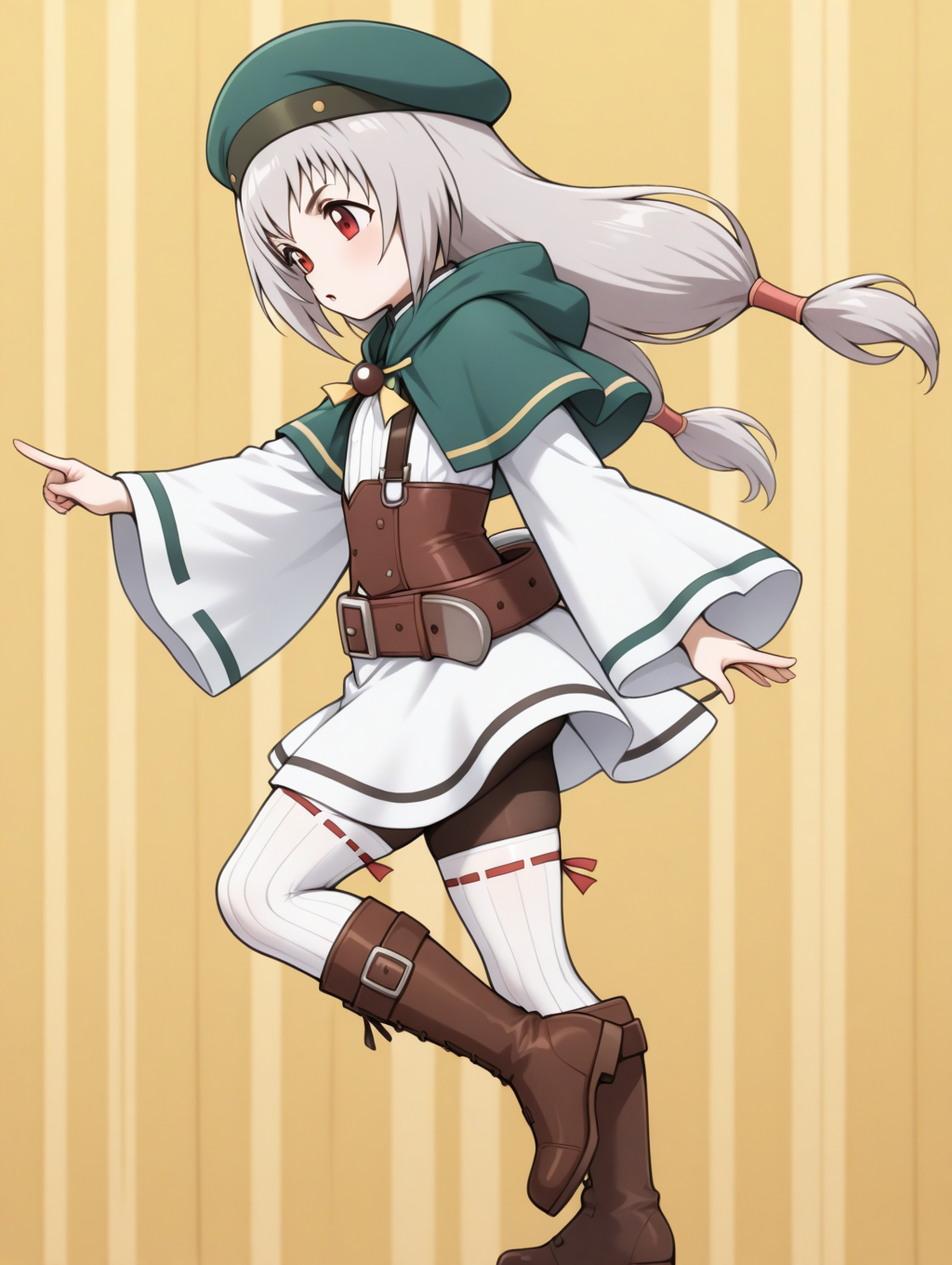 perfect quality,best quality,absolutely eye-catching,ambient occlusion,raytracing BREAK
1girl,<lora:rumina IL v1.2:0.8>,rumina,grey hair,low-tied long hair,twintails,green hat,red eyes,green capelet,white dress,wide sleeves,belt,pantyhose,(vertical stripes white thighhighs:1.2),boots,suspenders,brown corset,suspenders,ribbon-trimmed thighhighs,from side,