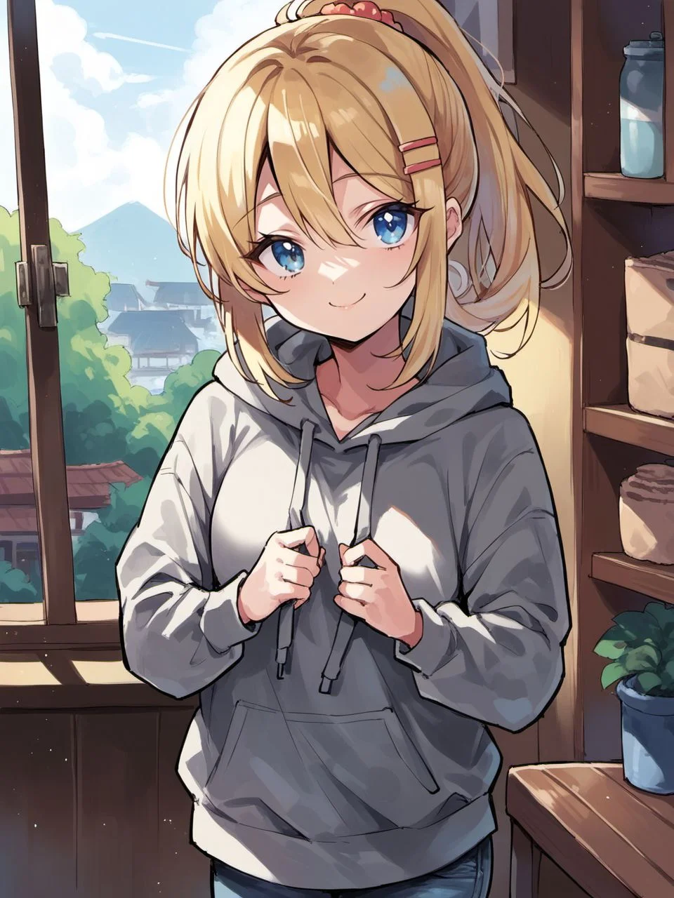 score_9, score_8_up, score_7_up, score_6_up,good hands, perfect hands,
yukiwostyle, 1girl, solo, long hair, looking at viewer, smile, hair ornament, long sleeves, closed mouth, blue eyes, standing, ponytail, hairclip, indoors, hood, blonde hair, hoodie, hood down, smug, grey hoodie, jeans,
<lora:yukiwo_style_v1:0.8>,