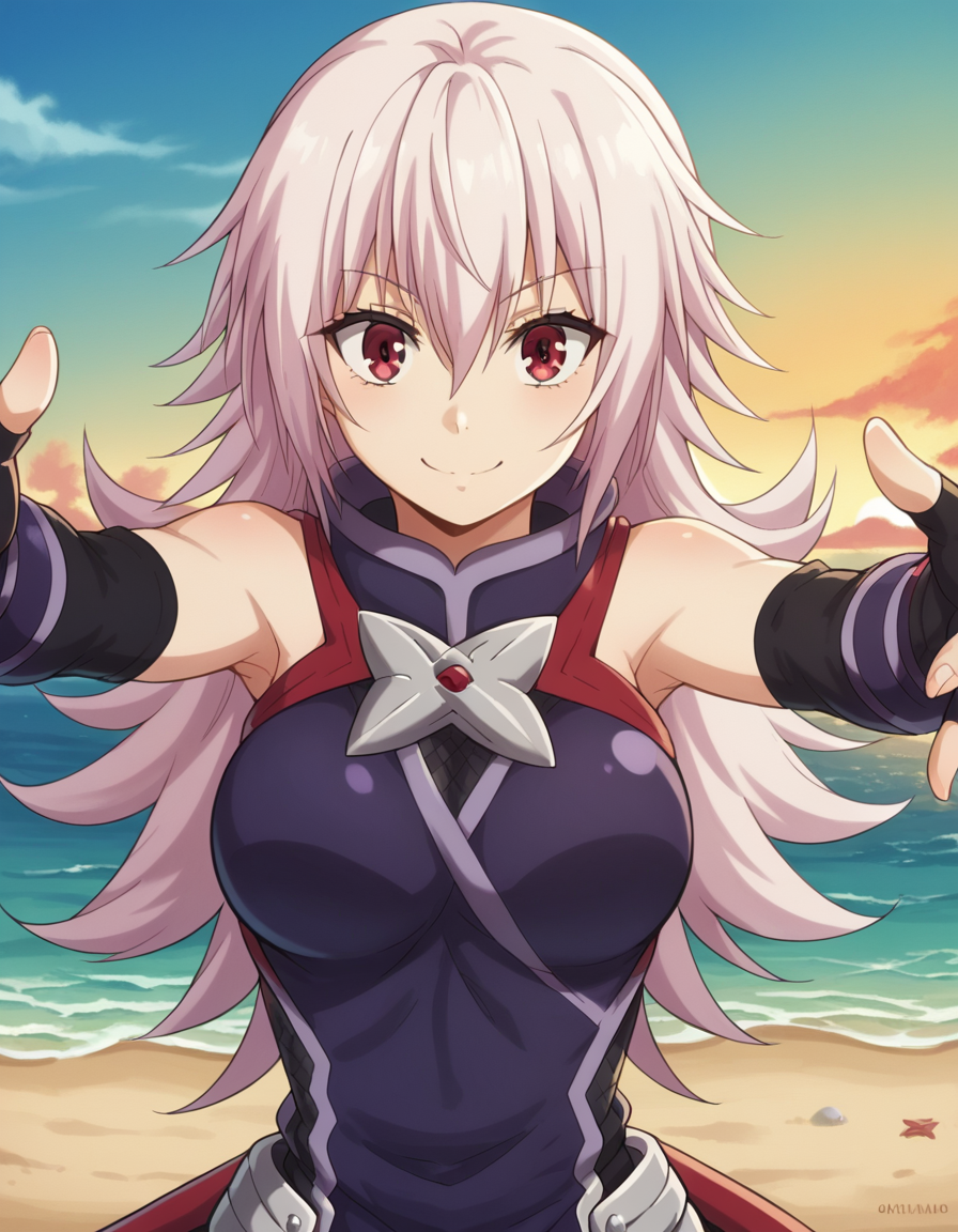 score_9, score_8_up, score_7_up, source_anime, <lora:matsuri-kazamaki-s1-v2-ponyxl-lora-nochekaiser:1>, matsuri kazamaki, long hair, red eyes, pink hair, hair between eyes, sidelocks, large breasts,, gloves, bare shoulders, black gloves, elbow gloves, fingerless gloves, ninja, beach, sunset, walking along shore, footprints in sand, waves, peaceful, smile, , on back, arm support, arms up, incoming hug, pov, reaching, reaching towards viewer,, solo,, cowboy shot, dutch angle,
