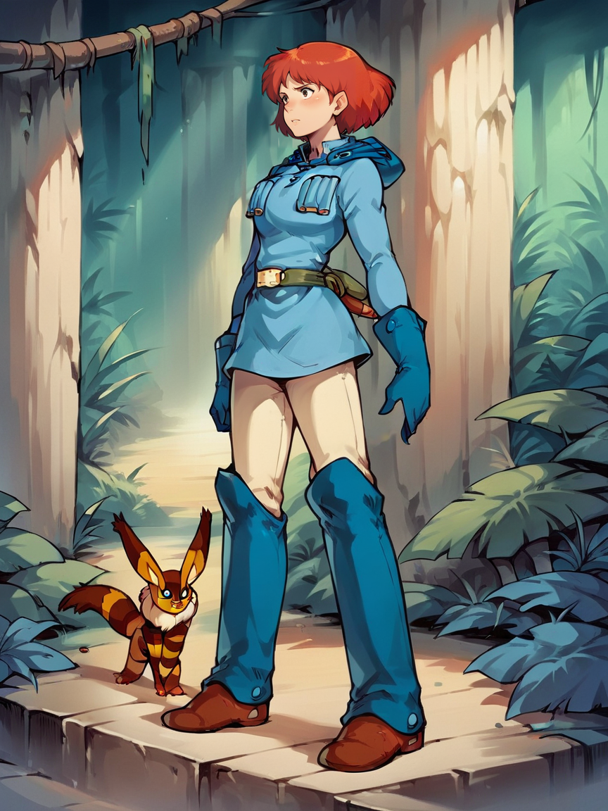 score_9, score_8_up, score_7_up, score_6_up, score_5_up,    <lora:Nausicaa:1> nausicaa, 1girl, red hair, short hair, standing, solo, uniform, boots, gloves, pants, jungle