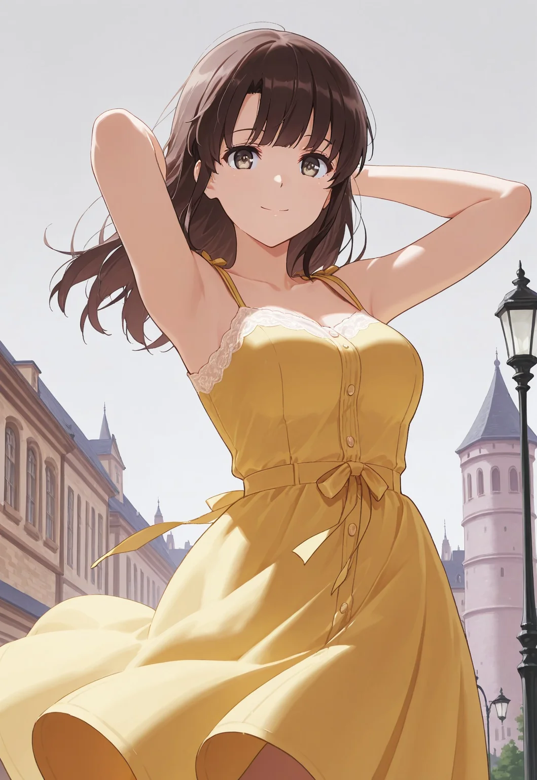safe_pos, masterpiece, best quality, 1girl,Megumi <lora:IL-KatoMegumi:0.8>,brown hair,katou megumi,brown eyes,medium breasts, long hair, medium breasts, sundress, yellow dress, sleeveless dress, bare shoulders, victorian, outdoors, arms behind head, cowboy shot, brown eyes, wind, wind lift, town, european architecture, lamppost, tower, grey sky, looking at viewer, closed mouth, smile,(eye fix)