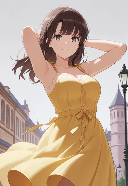 safe_pos, masterpiece, best quality, 1girl,Megumi <lora:IL-KatoMegumi:0.8>,brown hair,katou megumi,brown eyes,medium breasts, long hair, medium breasts, sundress, yellow dress, sleeveless dress, bare shoulders, victorian, outdoors, arms behind head, cowboy shot, brown eyes, wind, wind lift, town, european architecture, lamppost, tower, grey sky, looking at viewer, closed mouth, smile,(eye fix)