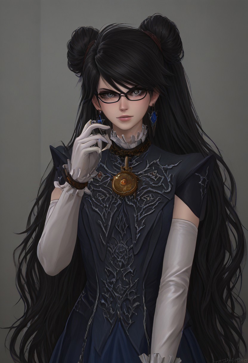 ,score_9, score_8_up, score_7_up,<lora:brawl_style_1_2_R:0.8>, 1girl, brawl, bayonetta 2, Black Hair, Very Long Hair, Epic Hair, Big Hair, Wavy Hair, Ponytail, Dual Bun, Brawl Stars Style, Blue Triangle Earrings, Gray Eyes, White Long Gloves, Long Sleeves, Skirt, Eyeglasses, Half Body, {{Sakimichan Style}}