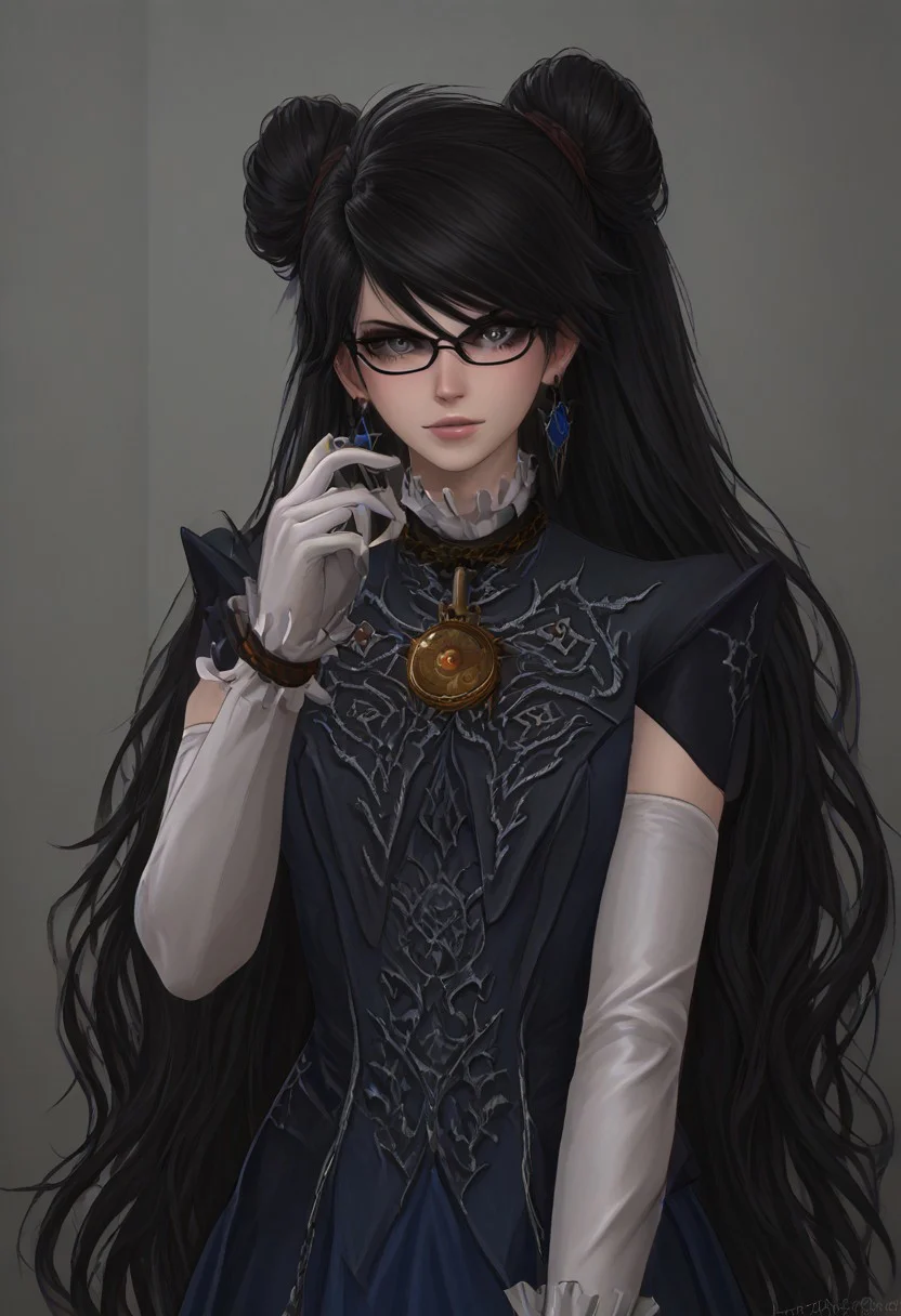 ,score_9, score_8_up, score_7_up,<lora:brawl_style_1_2_R:0.8>, 1girl, brawl, bayonetta 2, Black Hair, Very Long Hair, Epic Hair, Big Hair, Wavy Hair, Ponytail, Dual Bun, Brawl Stars Style, Blue Triangle Earrings, Gray Eyes, White Long Gloves, Long Sleeves, Skirt, Eyeglasses, Half Body, {{Sakimichan Style}}