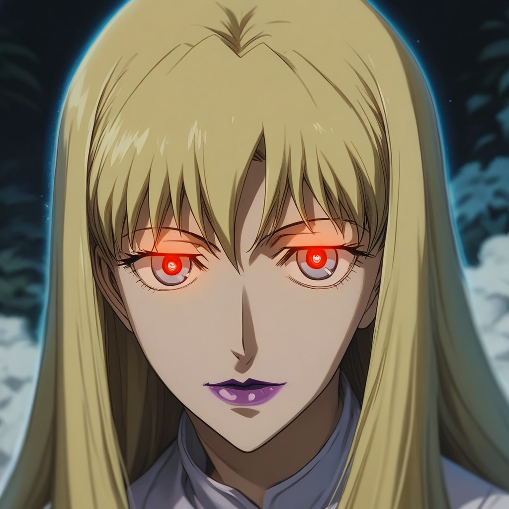 source_anime, ((score_9)),score_8_up,score_7_up,score_6_up,score_5_up,score_4_up, retro_artstyle, anime style, 1womanbrita_(darker_than_black), long_hair, blonde_hair, purple_lips large breasts, (blue eyes), (Contractor, red_pupils, glowing, glowing eyes), looking at viewer, facing viewer, masterpiece, best quality, highres, best illumination, depth of field, Artist style:urushihara satoshi, BR1T4,