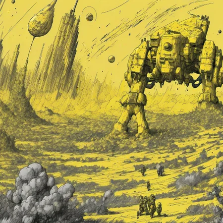 a four meter tall yellow drdnght machine with rocket launcher and flamethrower walks across an alien battlefield searching for enemies, rockets streak across the sky and explode into the closeup of planets surface