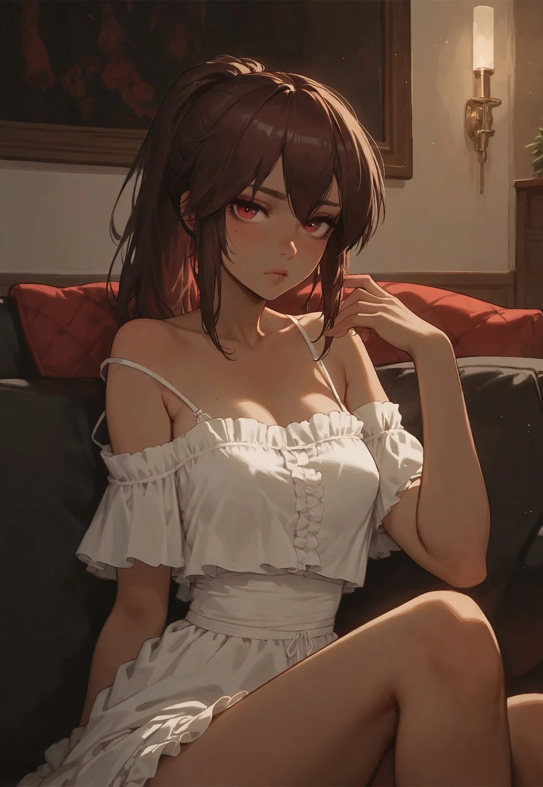 score_9, score_8_up, score_7_up, score_6_up, zPDXL3, Sofia, dark skin, reclining on couch, looking at viewer, pout, cowboy_shot, white off-shoulder dress, spaghetti strap, frills, Expressiveh, room, at night, warm side light,