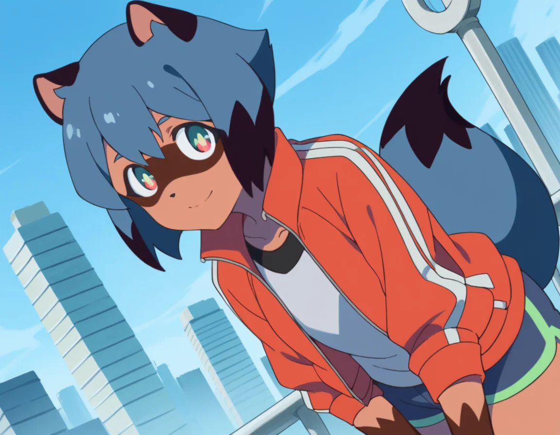 score_9, score_8_up, score_7_up, source_anime,
michirukagemori, <lora:michiru-kagemori-s1-ponyxl-lora-nochekaiser:1>,
michiru kagemori, short hair, black hair, animal ears, blue hair, multicolored hair, furry, furry female, raccoon ears, body fur, raccoon girl,  raccoon tail, tail,
shirt, jacket, white shirt, shorts, red jacket, blue shorts, track jacket,
outdoors, cityscape, bent over, smile,
solo, dutch angle, looking at viewer, cowboy shot,
