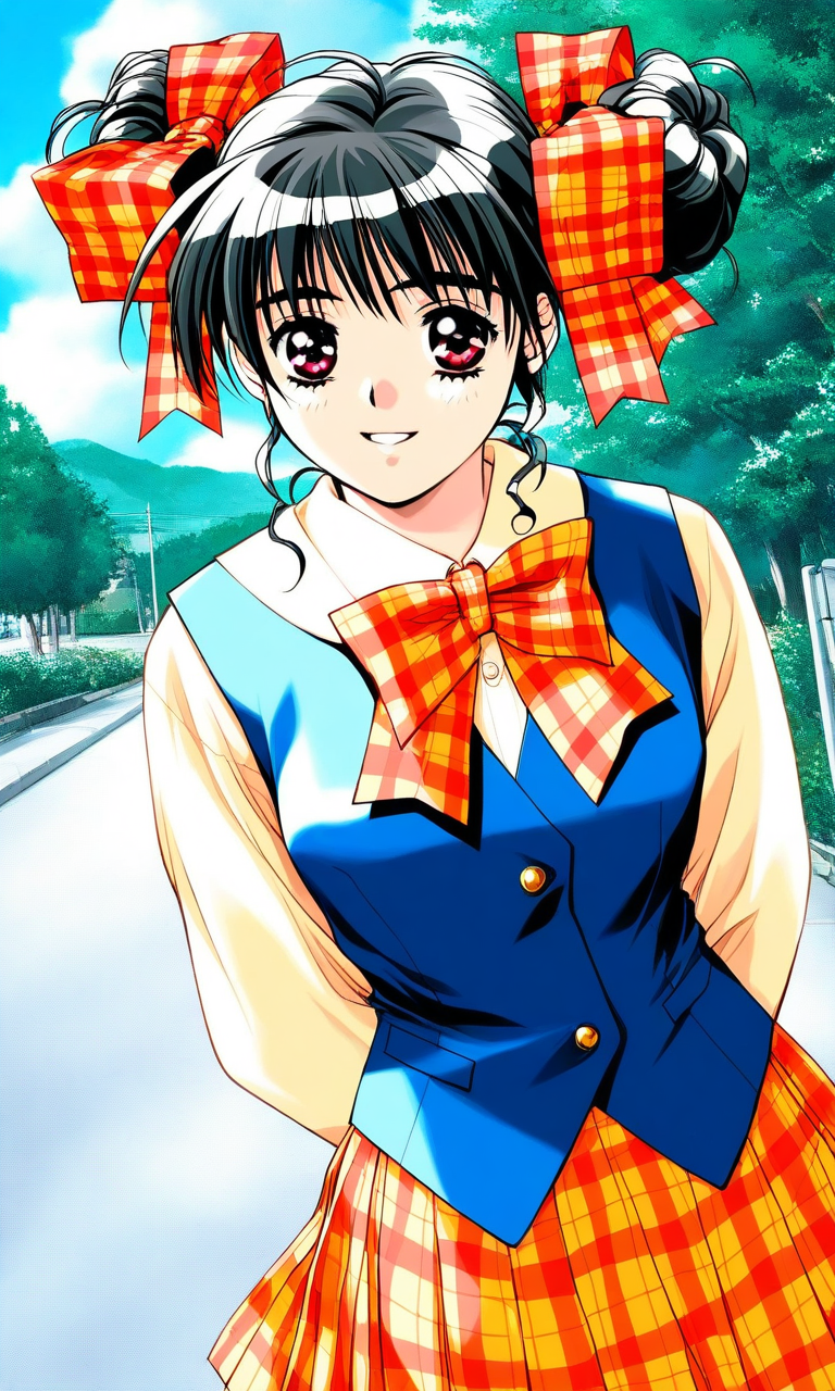 general,highregeneral,highres, ultra-detailed,very aesthetic,best quality ,best hands, BREAK <lora:Narusawa_Yui_Doukyuusei2_IS:1>
Narusawa_Yui(Doukyuusei2), 1girl, solo, black hair, double bun, hair ribbon, plaid ribbon, breasts, red eyes,
long sleeves, Yellow sleeve, school uniform, orange Yellow plaid skirt, blue vest, buttons,pleated skirt,
parted lips, happy,
shiny clothes,day,sky,nature,street,arms_behind_back,upper_body,from_side,looking_at_viewer,smile,