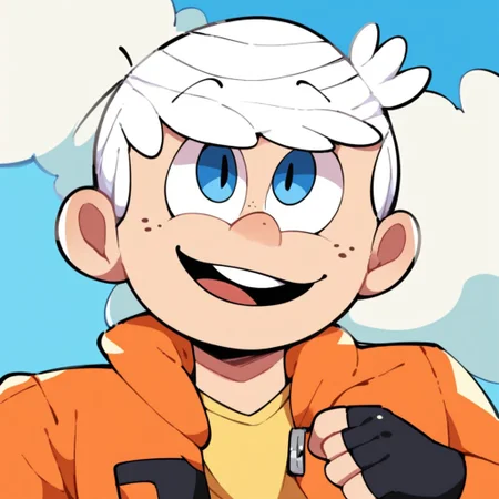 Score_9, Score_8_up, Score_7_up, Source_anime, very detailed,
Lincoln Loud, 1boy, male focus, alone, white hair, a large clump of his hair sticks up, he has an overbite with a prominent chipped tooth in front, noticeable bags around his eyes and freckles on his cheeks, jacket, orange jacket, upper body, smile, open mouth, pink hair, yellow shirt, fingerless gloves, pants, gloves, blue eyes,
outdoor, sky, train.