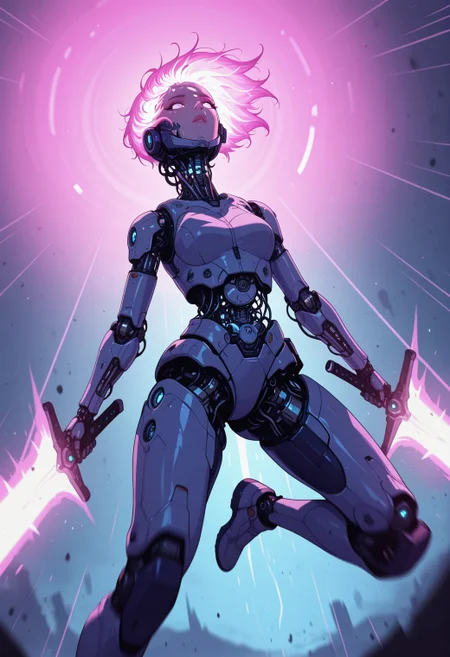 masterpiece, best quality, good quality, very aesthetic, absurdres, newest, 8K, depth of field, focused subject, 1girl, action shot, low angle, airborne, flying, head focus, wielding an (enormous sci-fi sword) with mechanical parts, dual wielding, speed_lines, dynamic shot, motion_blur, wind_effect, air_dash, midair, fast_movement, shockwave, lsd psyche dream, risk of rain character, mayhem, vibrant, dynamic angle of attack,
,in the style of cknc,
<lora:ck-shadow-circuit-IL:0.6>
<lora:MoriiMee_Gothic_Niji_Style_Illustrious_r1:0.4>
<lora:ck-nc-cyberpunk-IL-000011:0.4>