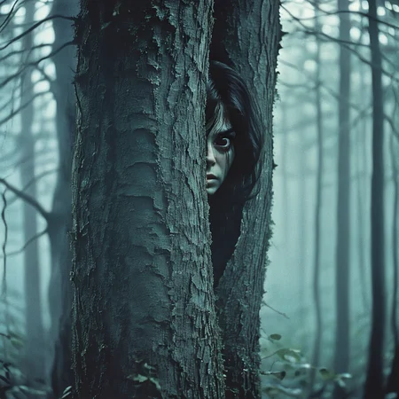 <lora:70s_Horror_MovieSDXL:1> ArsMovieStill, movie still from a 1970s horror movie, The image is a dark and eerie scene of a person peeking out from behind a tree in a forest. The person's face is partially obscured by the tree trunk with their hair covering their face. The background is filled with tall trees and fog creating a mysterious and eerie atmosphere. The overall mood of the image is eerie and foreboding., solo, tree, nature, black hair, blurry, 1girl, forest, long hair, realistic, outdoors