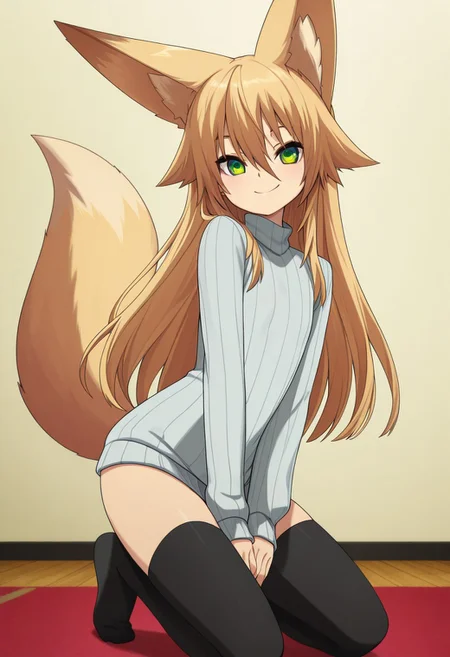 masterpiece,perfect quality,best quality,absolutely eye-catching,absurdres,highres,newest,anime coloring, anime screencap,(1girl,solo),,Kokonoe_Tsubaki,green eyes,long hair,flat chest,fox ears,(fox tail),(kneeling),closed mouth,smile,sweater,black thighhighs,
